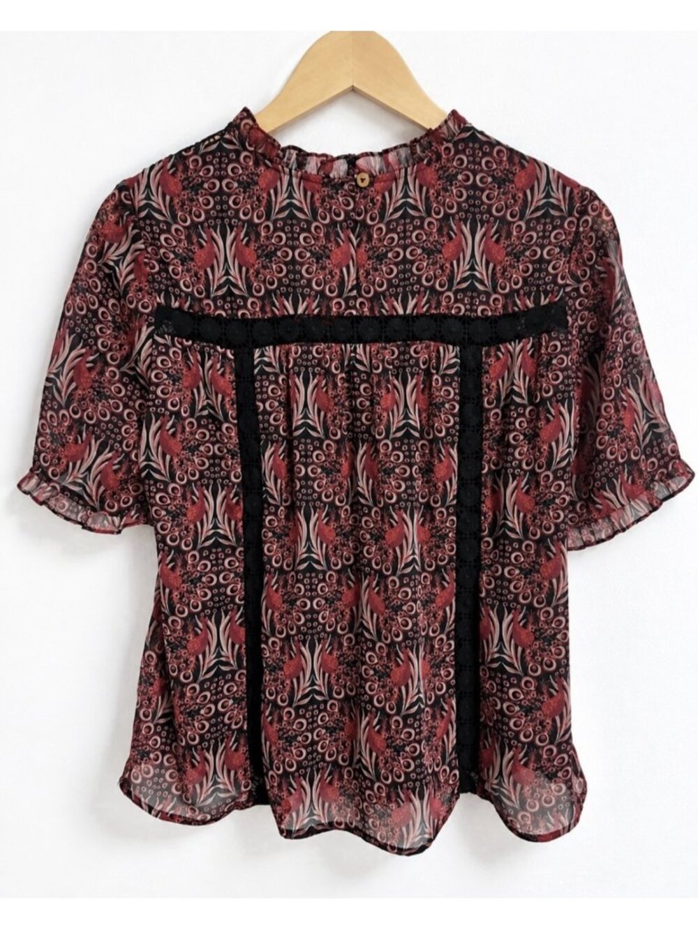 Daniel Rainn Anthropologie Tina Peacock Print Boho Blouse Burgundy Women’s S - Picture 3 of 10